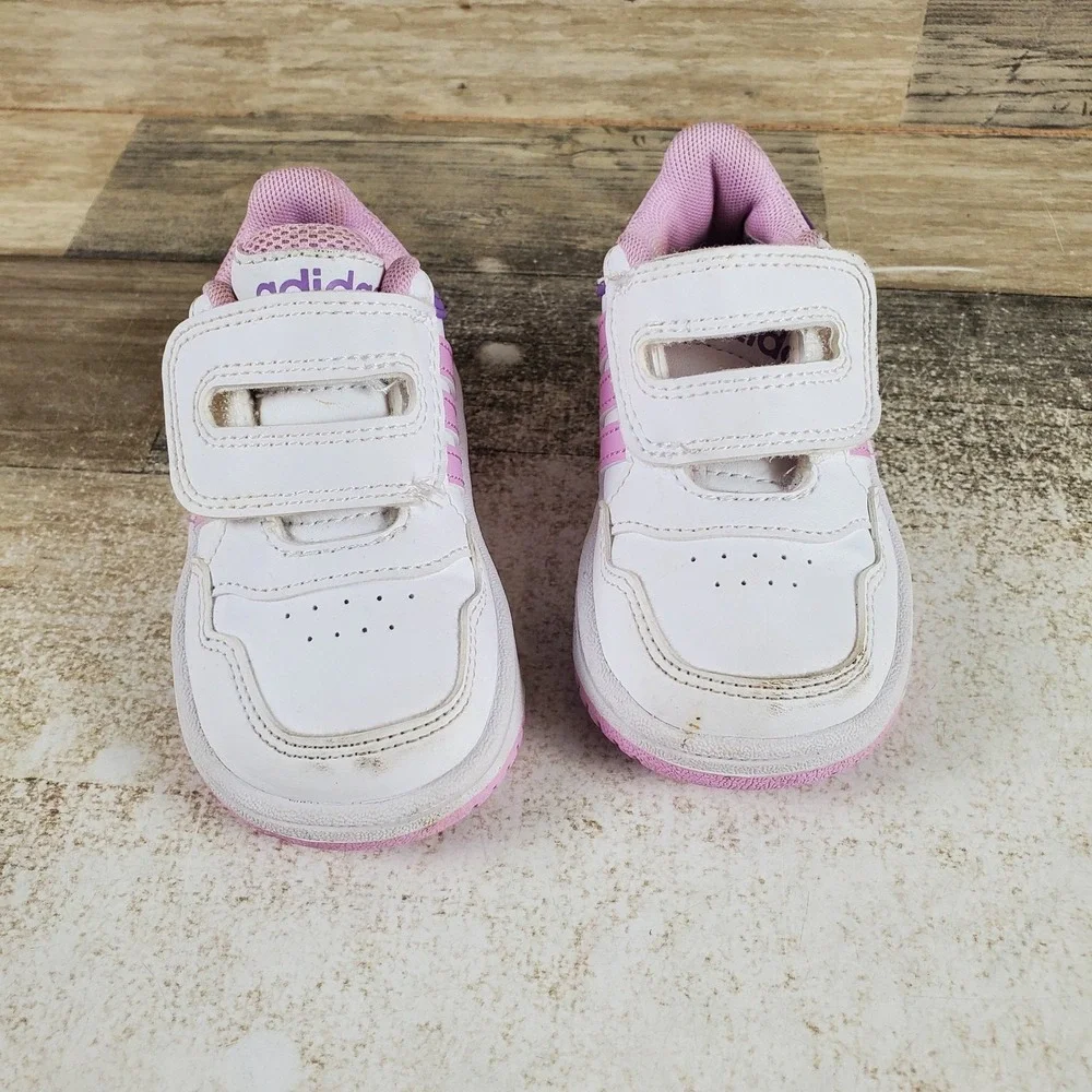 Adidas Hoops 3.0 Kids Sport Shoes Sz 5 Comfort White Lilac Round Toe Hook & Loop